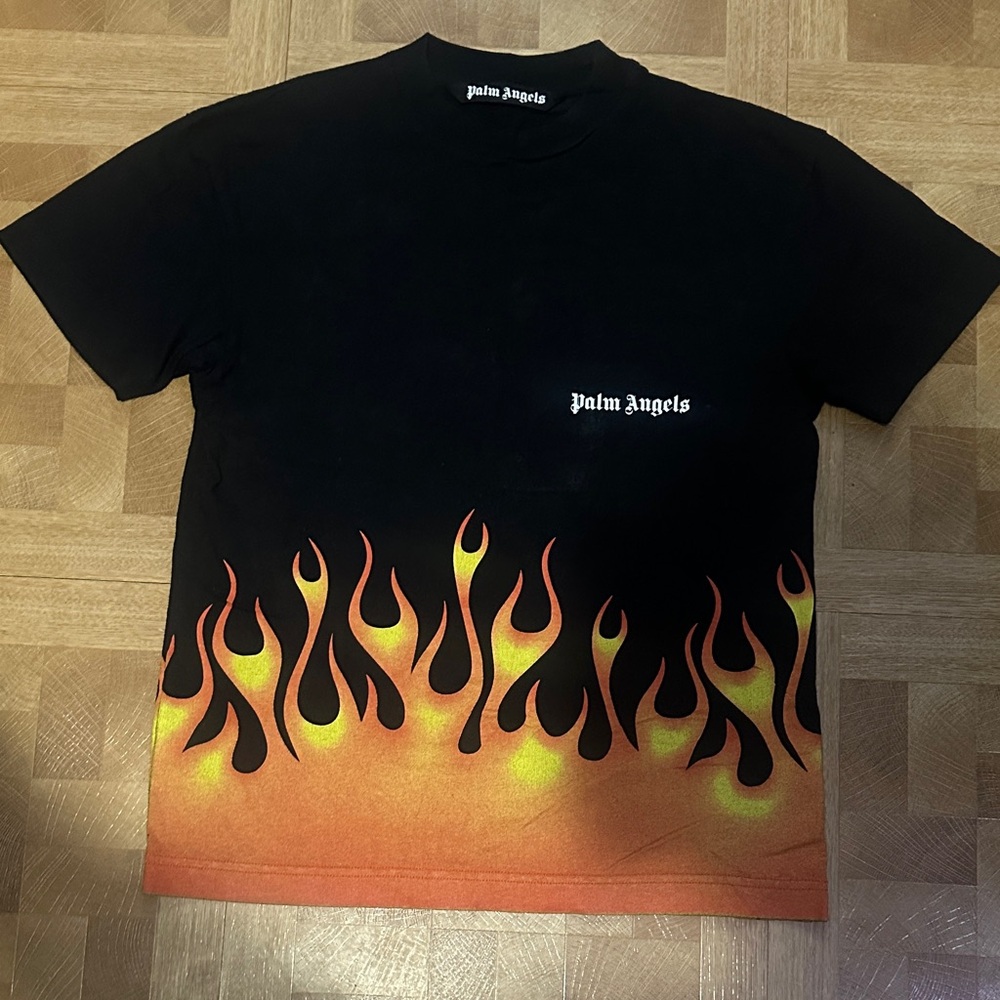 Palm Angels Black Tee with Orange and Yellow Flames